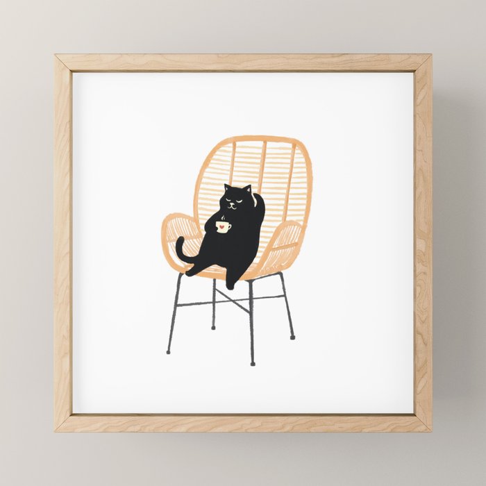 Lazy cat 2 enjoying coffee on rattan chair  Mini Art Print Gallery Image 1