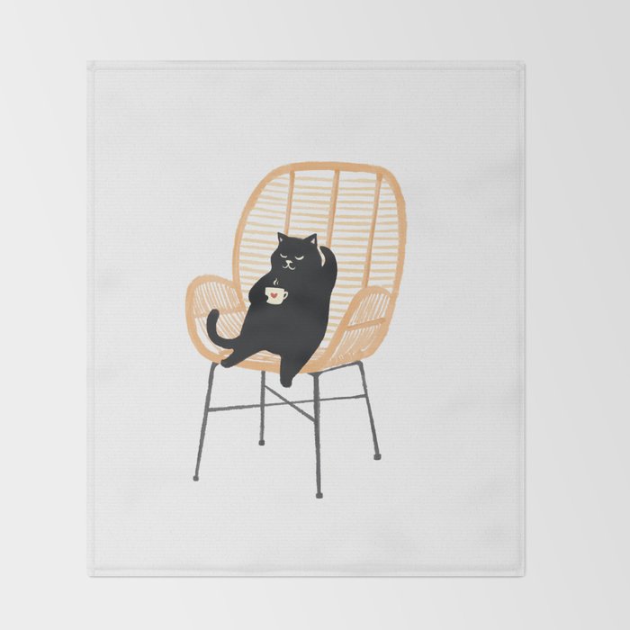 Lazy cat 2 enjoying coffee on rattan chair  Throw Blanket Gallery Image 2