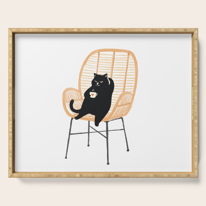 Lazy cat 2 enjoying coffee on rattan chair  Serving Tray Gallery Image 1