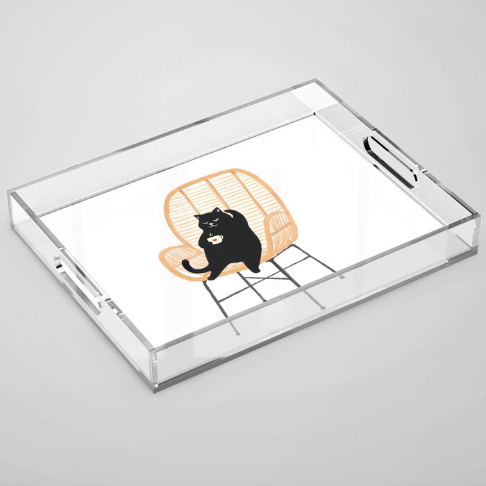 Lazy cat 2 enjoying coffee on rattan chair  Acrylic Tray Gallery Image 1