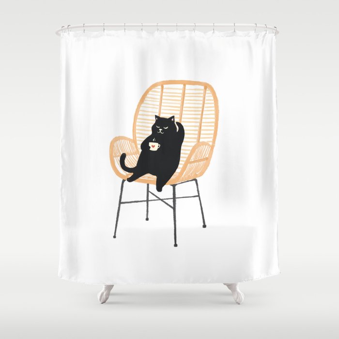 Lazy cat 2 enjoying coffee on rattan chair  Shower Curtain Gallery Image 1
