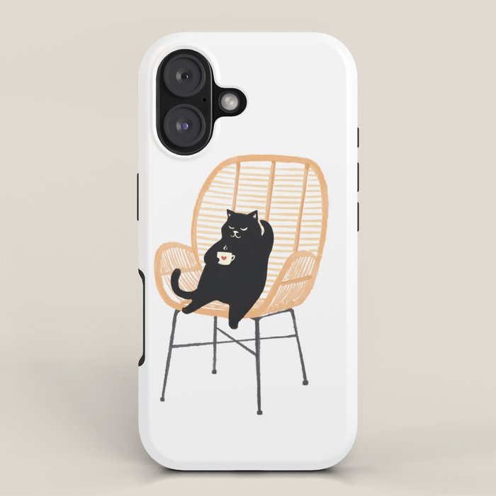 Lazy cat 2 enjoying coffee on rattan chair  iPhone Case Gallery Image 1