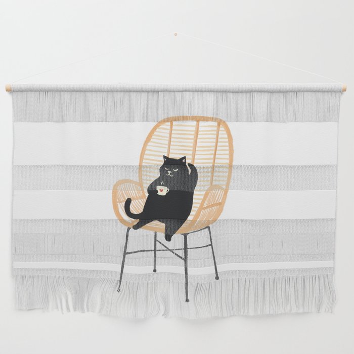 Lazy cat 2 enjoying coffee on rattan chair  Wall Hanging Gallery Image 1