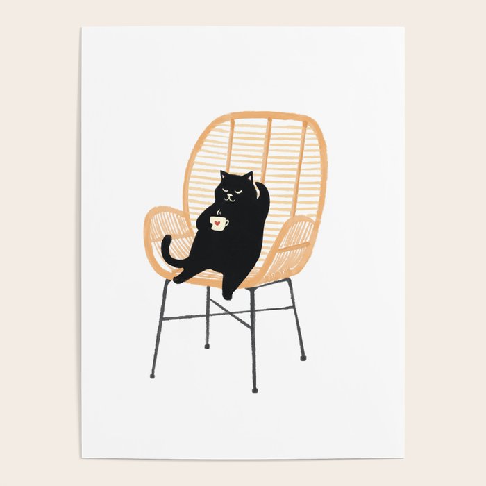 Lazy cat 2 enjoying coffee on rattan chair  Poster Gallery Image 4