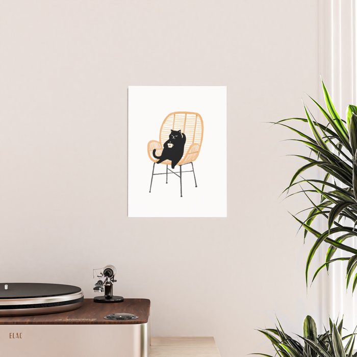 Lazy cat 2 enjoying coffee on rattan chair  Poster Gallery Image 2