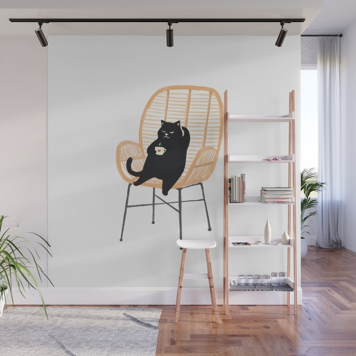 Lazy cat 2 enjoying coffee on rattan chair  Wall Mural Gallery Image 1