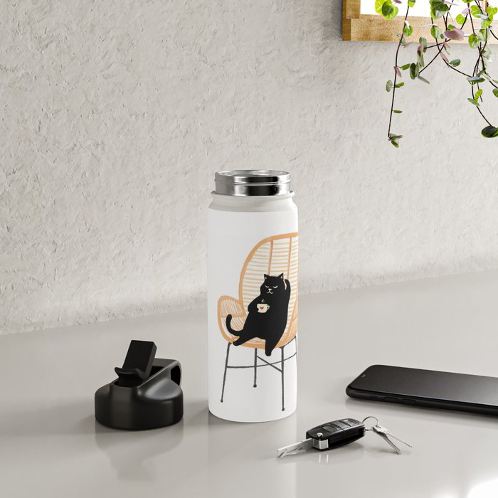 Lazy cat 2 enjoying coffee on rattan chair  Water Bottle Gallery Image 5