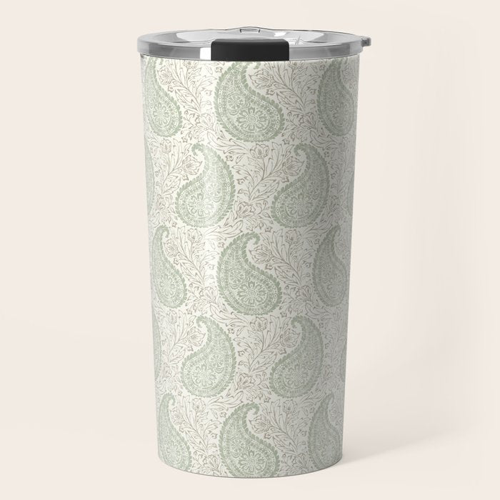 Block Print Paisley - sage and light taupe Travel Mug Gallery Image 1
