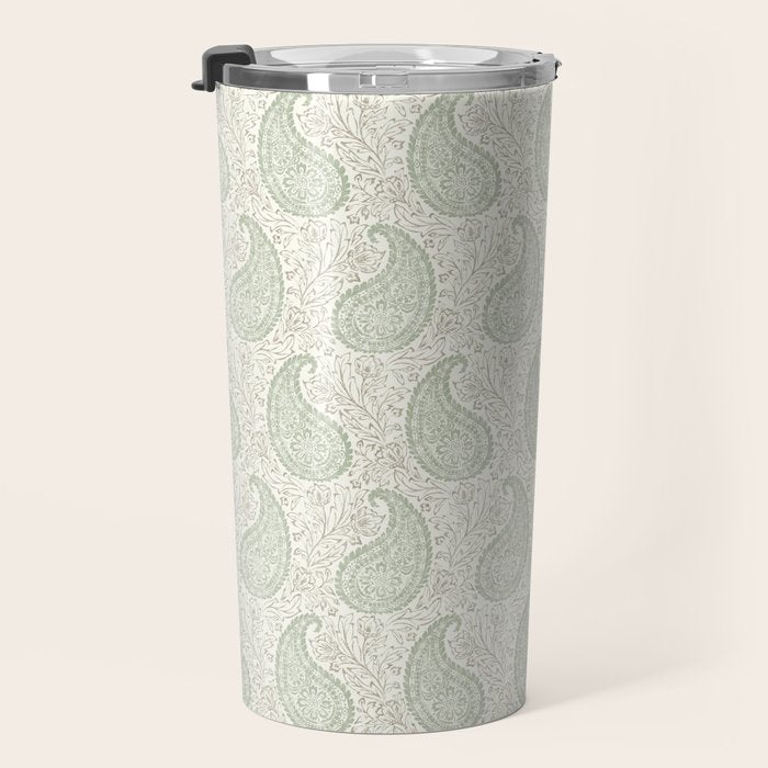 Block Print Paisley - sage and light taupe Travel Mug Gallery Image 3