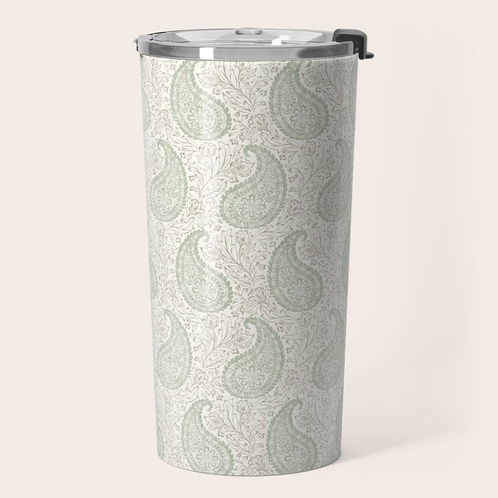 Block Print Paisley - sage and light taupe Travel Mug Gallery Image 2