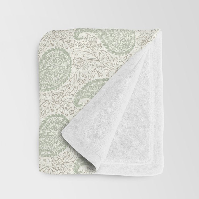 Block Print Paisley - sage and light taupe Throw Blanket Gallery Image 3