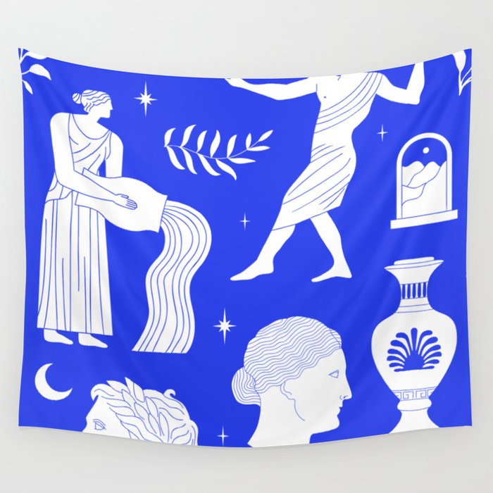 Blue greek statue and classic vintage monument pattern Wall Tapestry Gallery Image 4