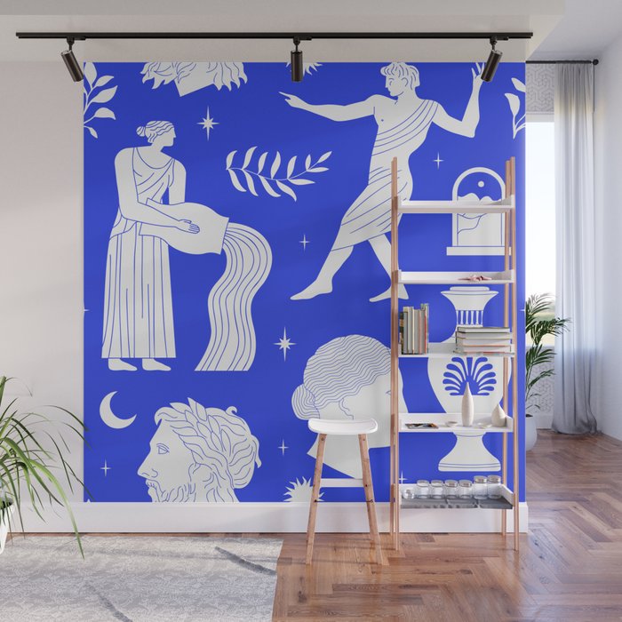 Blue greek statue and classic vintage monument pattern Wall Mural Gallery Image 1