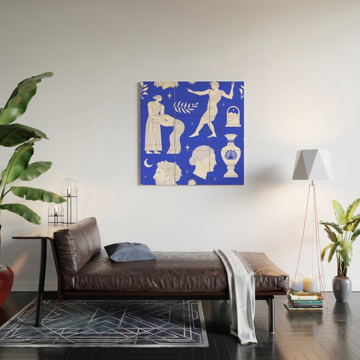 Blue greek statue and classic vintage monument pattern Wood Wall Art Gallery Image 2