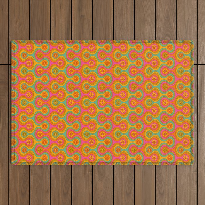 Groovy 60s Midcentury Modern Flower Pattern Outdoor Rug Gallery Image 1