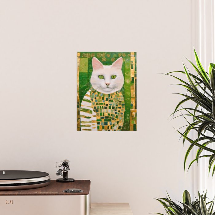 Klimt White Cat with Green Eyes Poster Gallery Image 2