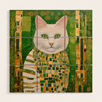 Klimt White Cat with Green Eyes Wood Wall Art Gallery Image 1