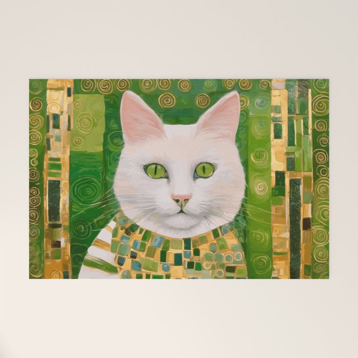 Klimt White Cat with Green Eyes Welcome Mat Gallery Image 1