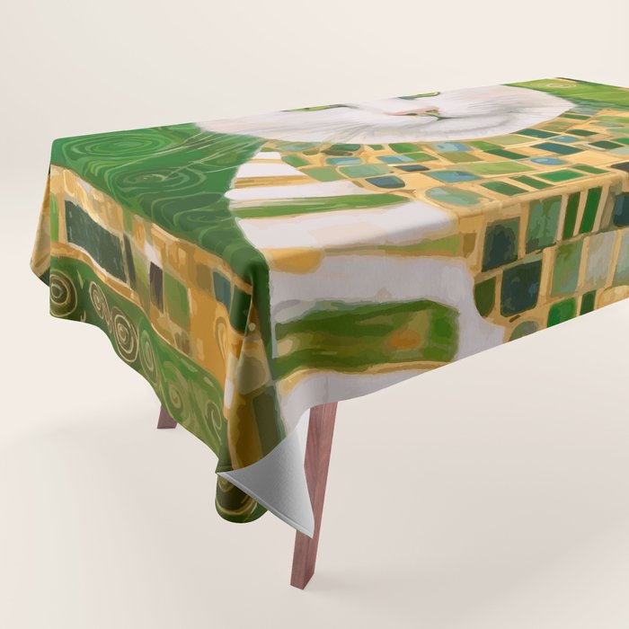 Klimt White Cat with Green Eyes Tablecloth Gallery Image 1