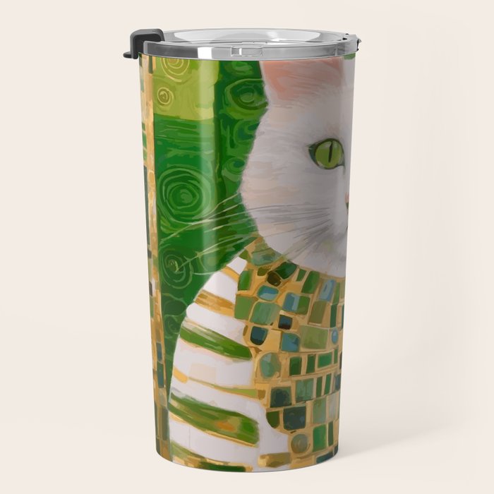 Klimt White Cat with Green Eyes Travel Mug Gallery Image 3