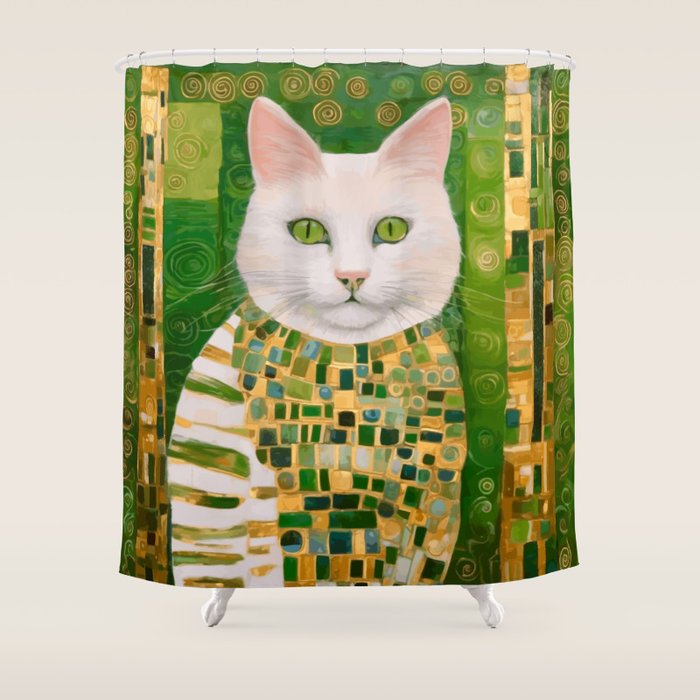 Klimt White Cat with Green Eyes Shower Curtain Gallery Image 1