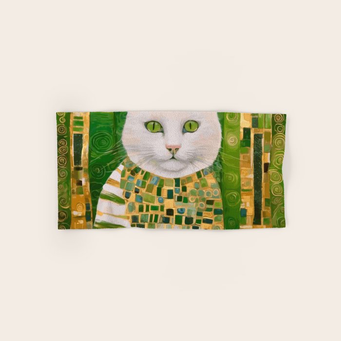 Klimt White Cat with Green Eyes Bath Towel Gallery Image 1