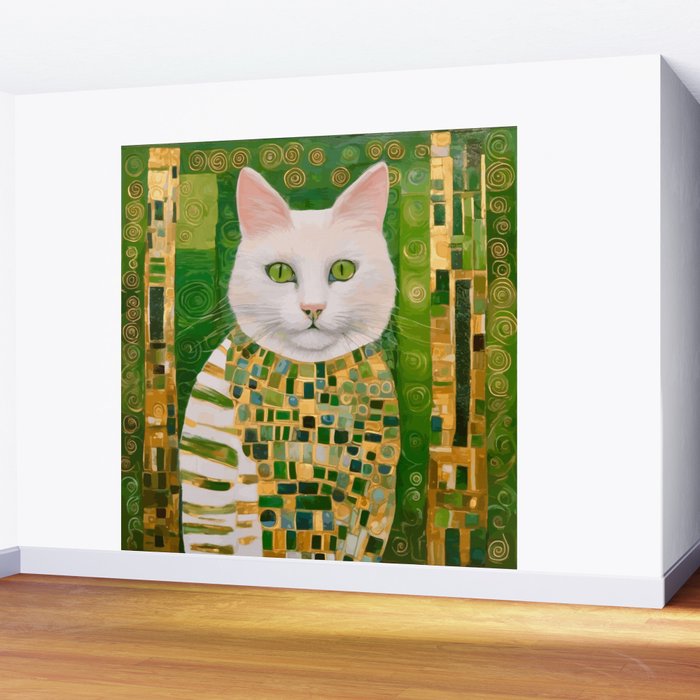Klimt White Cat with Green Eyes Wall Mural Gallery Image 2