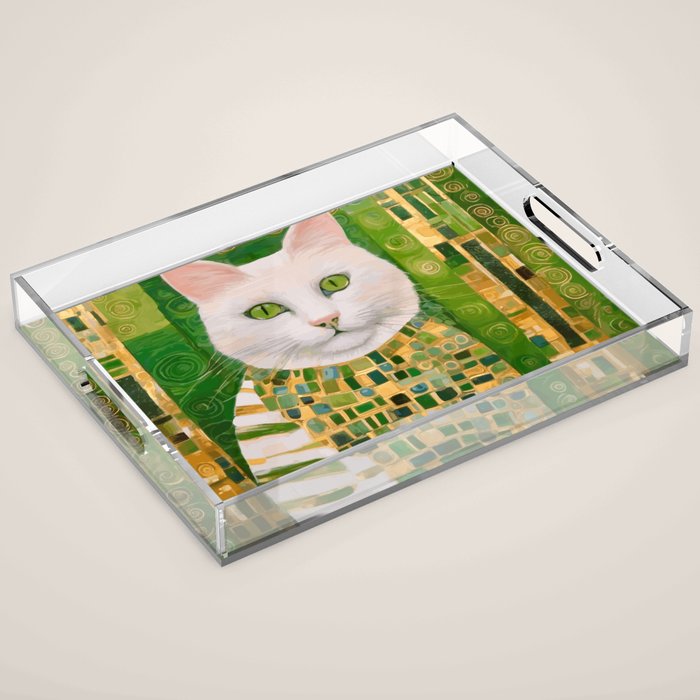 Klimt White Cat with Green Eyes Acrylic Tray Gallery Image 1