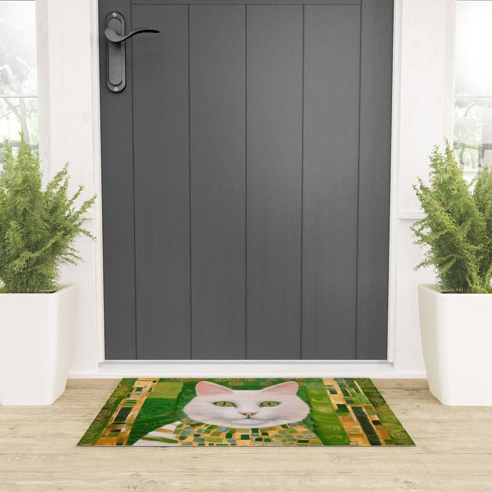 Klimt White Cat with Green Eyes Welcome Mat Gallery Image 3