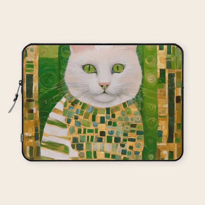 Klimt White Cat with Green Eyes Laptop Sleeve Gallery Image 1