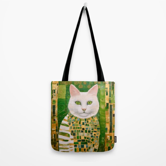Klimt White Cat with Green Eyes Tote Bag Gallery Image 2