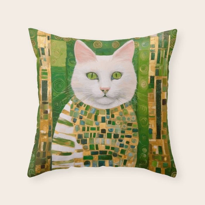 Klimt White Cat with Green Eyes Throw Pillow Gallery Image 6