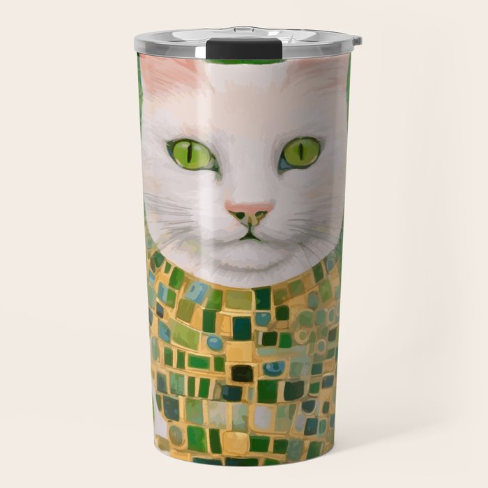 Klimt White Cat with Green Eyes Travel Mug Gallery Image 1