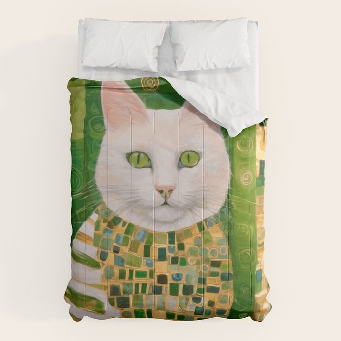 Klimt White Cat with Green Eyes Comforter Gallery Image 6