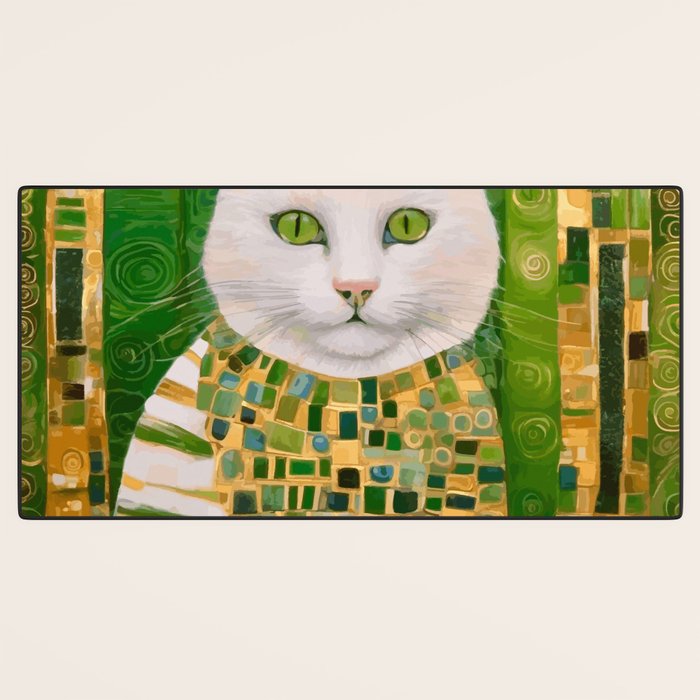 Klimt White Cat with Green Eyes Desk Mat Gallery Image 3