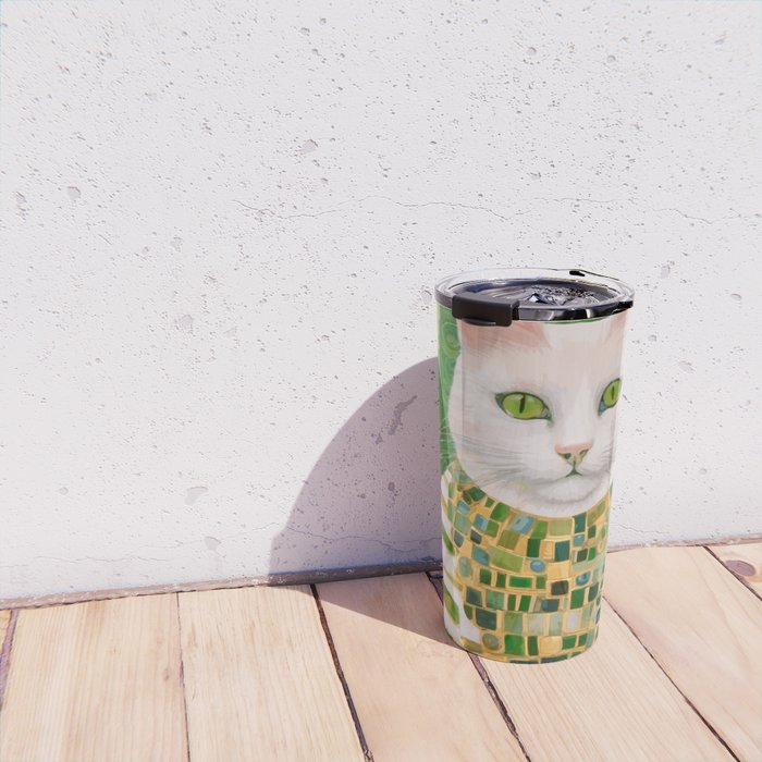 Klimt White Cat with Green Eyes Travel Mug Gallery Image 4