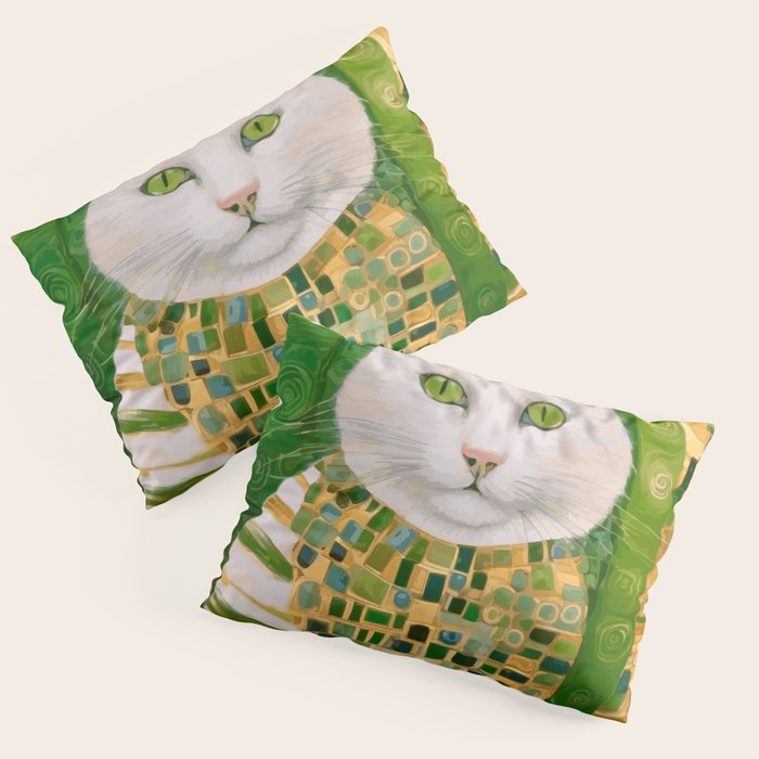 Klimt White Cat with Green Eyes Pillow Sham Gallery Image 3