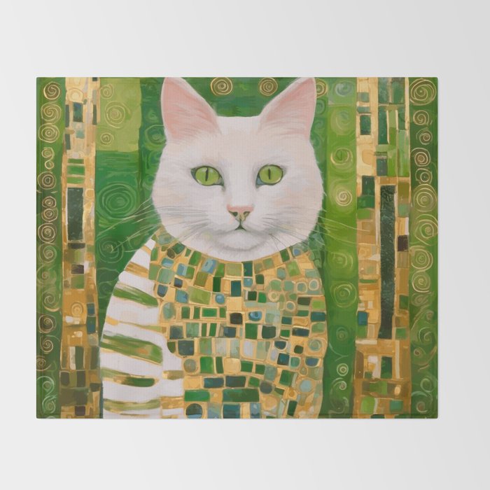 Klimt White Cat with Green Eyes Throw Blanket Gallery Image 2