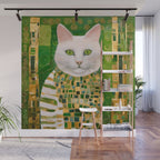 Klimt White Cat with Green Eyes Wall Mural Gallery Image 1