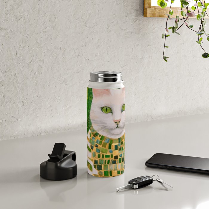 Klimt White Cat with Green Eyes Water Bottle Gallery Image 4