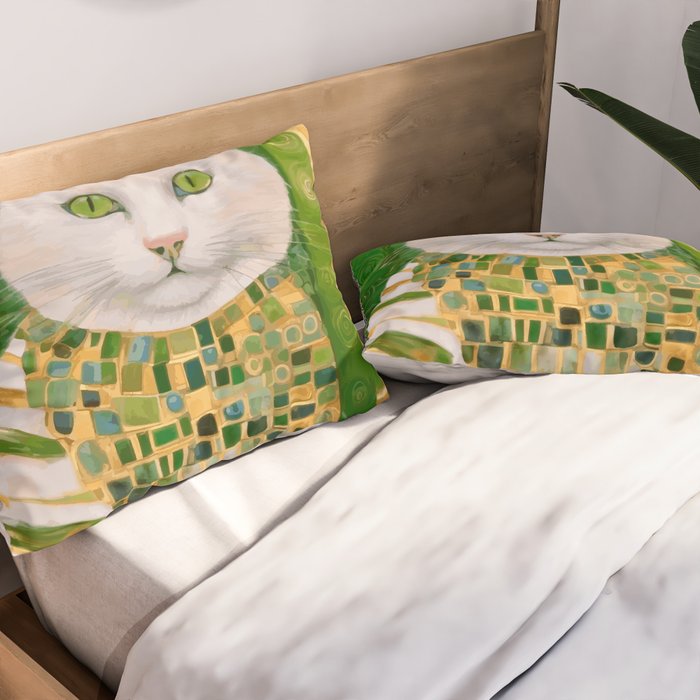 Klimt White Cat with Green Eyes Pillow Sham Gallery Image 2