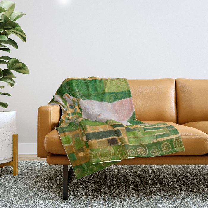 Klimt White Cat with Green Eyes Throw Blanket Gallery Image 1