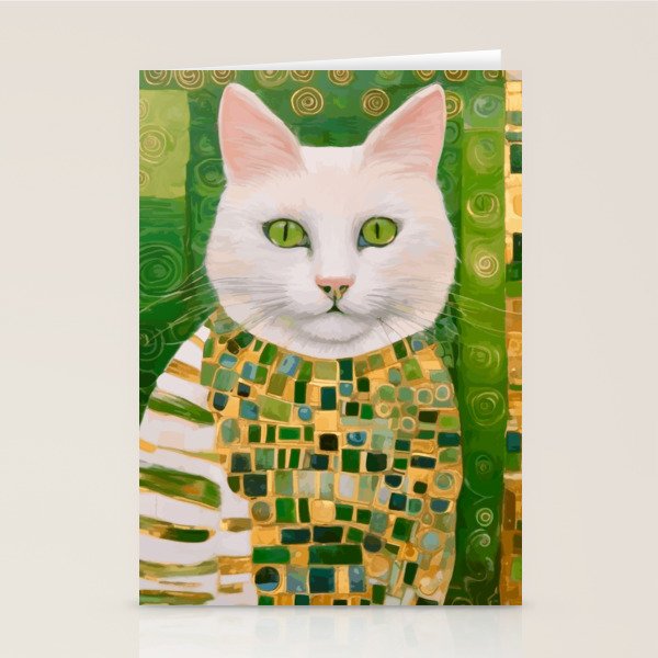 Klimt White Cat with Green Eyes Stationery Card Gallery Image 1
