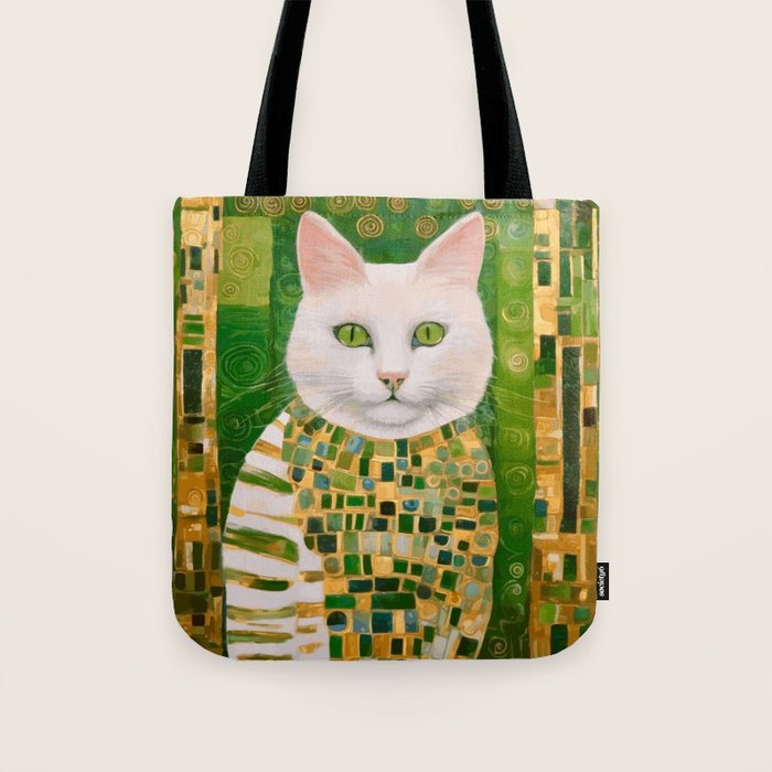 Klimt White Cat with Green Eyes Tote Bag Gallery Image 1
