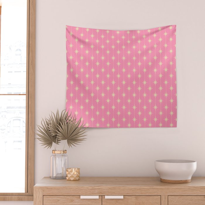 Midcentury Stars and Dots Classic Pink Pattern Wall Tapestry Gallery Image 2