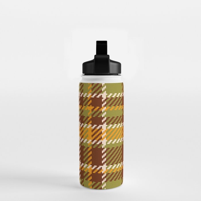 Retro 70s autumn tartan brown moss green mustard yellow pattern Water Bottle Gallery Image 2
