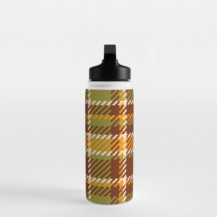 Retro 70s autumn tartan brown moss green mustard yellow pattern Water Bottle Gallery Image 3