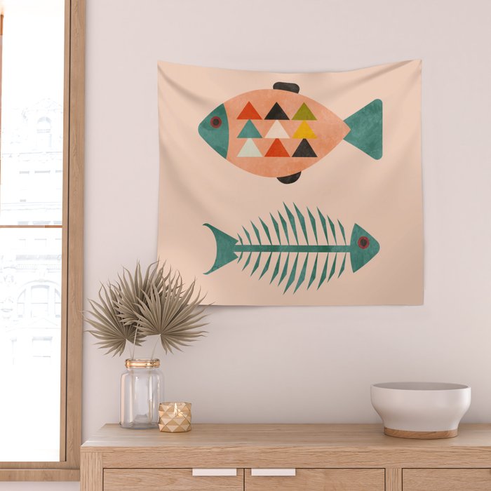 mid mod retro fishes pink Wall Tapestry Gallery Image 2