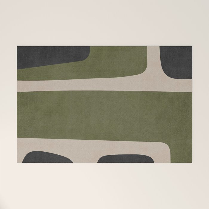 Abstract Minimalist Artwork Olive Green Black Welcome Mat Gallery Image 1