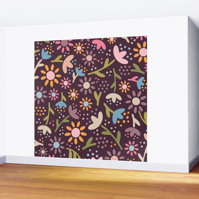 Ditsy Daisy Floral on Burgundy Wall Mural Gallery Image 2